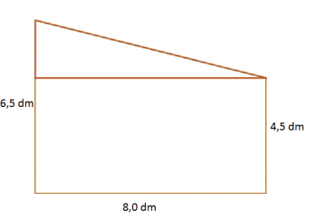 Et rektangel med sider 8,0 dm og 4,5 dm. Den ene langsida er festa i rettvinkla trekant, og høyden til rektangelet og trekant til sammen er 6,5 dm